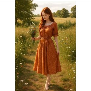 Ces Femme XS Orange Floral Midi‎ Dress Ruffle Smocked Bohemian Cottagecore Dress